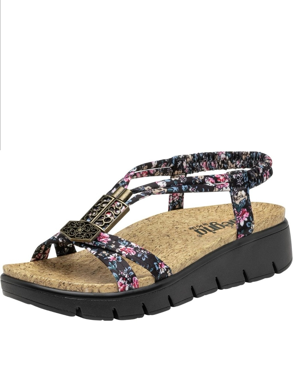NEW Alegria Roz Sandal in Charm Black with Pink Floral Strap Comfort Wedge Slide